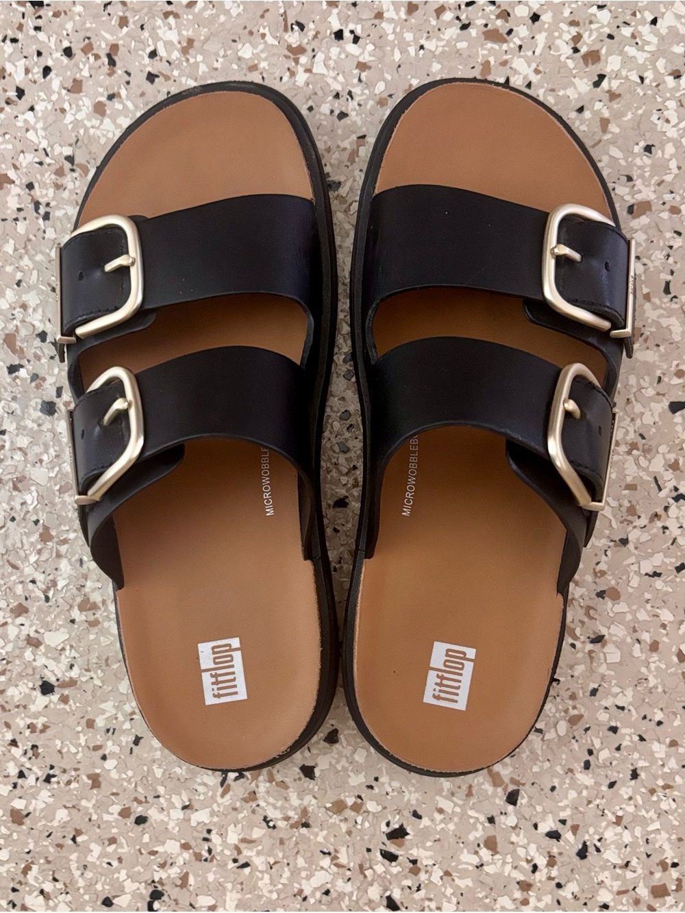 Fitflop Black Double-Buckle Slide Sandals with Tan Footbed